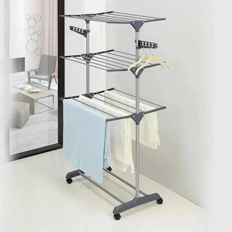 Drying Clothes Rack Folding Multi Functional Stainless Steel 3-Layer Household Floor Type Drying Racks Mobile Coat Storage Shelf