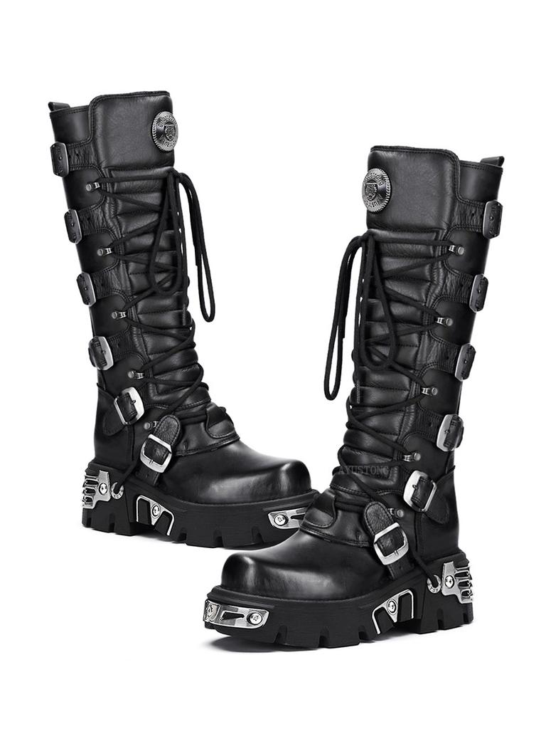 Fashion Rock Punk Motorcycle Boots Knee High Dark Style Round Toe Thick Bottom Genuine Leather Solid Color Fashion Sexy Women Shoes New