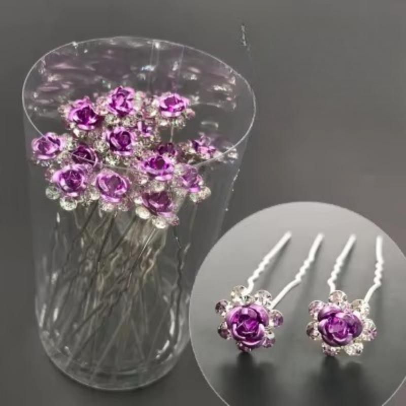 20Pcs/set Women U-shaped Hair Fork Pin Crystal  Rose Flower Hair Clips Rhinestone Hair Stick Wedding Bridal Jewelry Headwear Gift