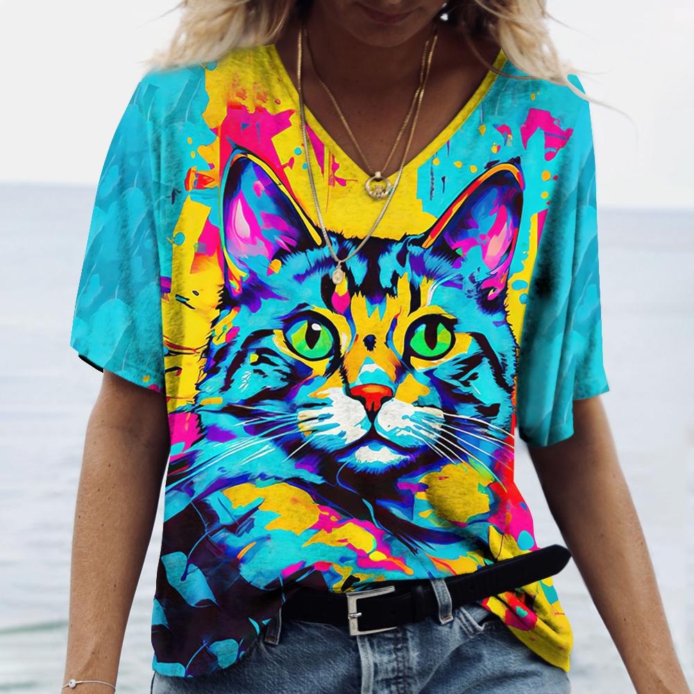 Women's T-Shirt Color Cat 3d Printing Short-Sleeved Fashion Casual Street V-Neck Oversized High-Quality Summer Women's Clothing