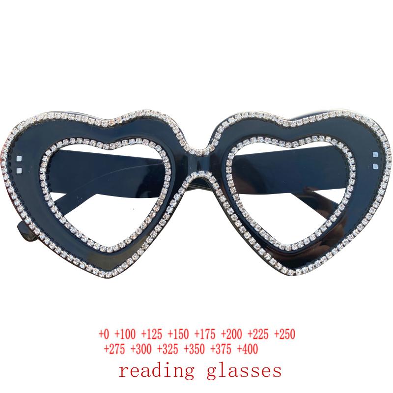 

Vintage Heart-Shaped Crystal Bling Reading Glasses Women Rhinestone Eyewear Frames Anti Blue Light Trendy Reader UV400 NX +400 чорний