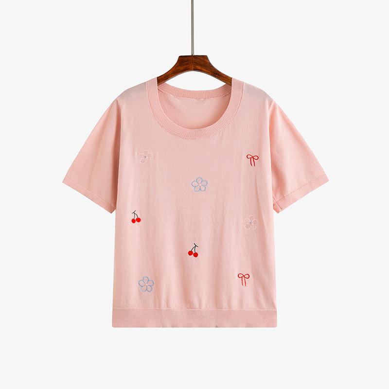 

Женский топ с круглым вырезом, женский вышитый вязаный свитер, повседневная свободная футболка с короткими рукавами для пухлой девушки 3XL розовый