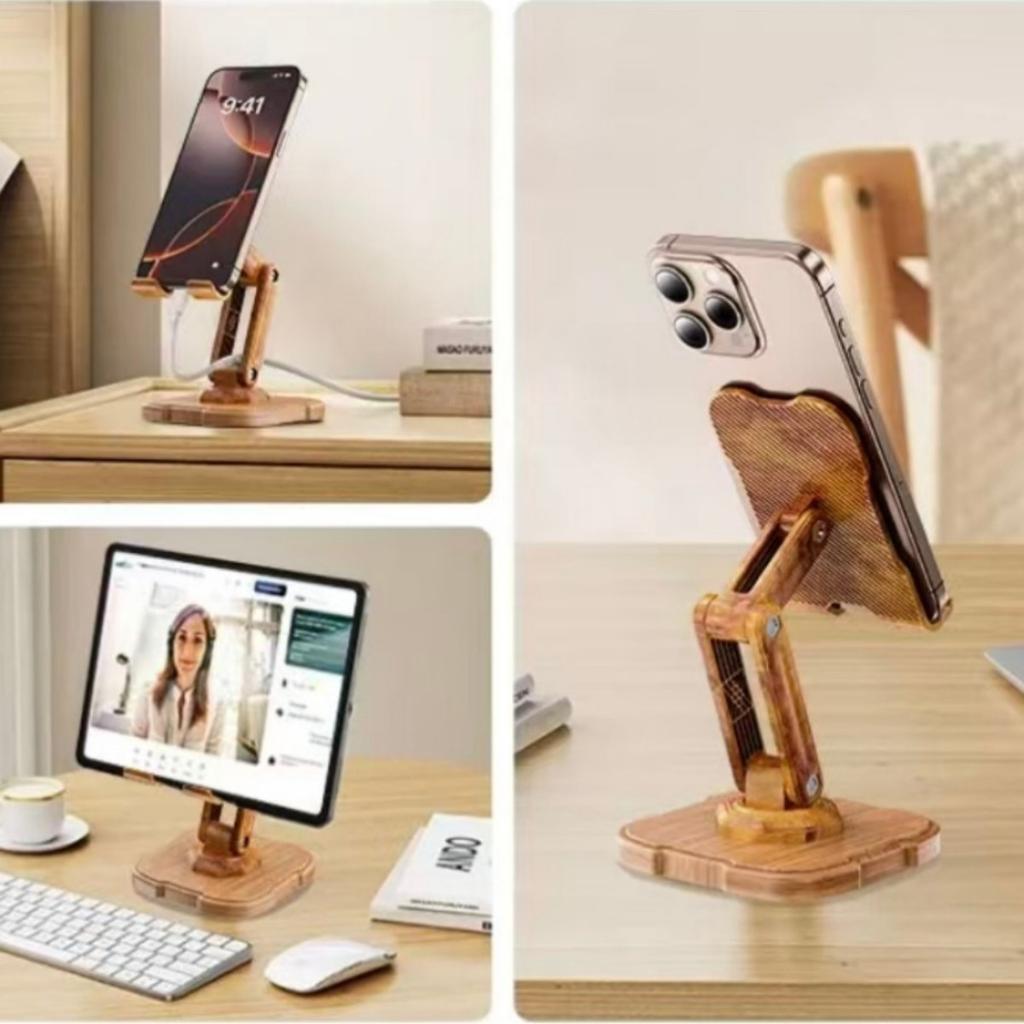 Multifunctional 360° Rotating Phone Mount with Adjustable Height – Heavy-Duty Carbon Steel and Wooden Desktop Stand