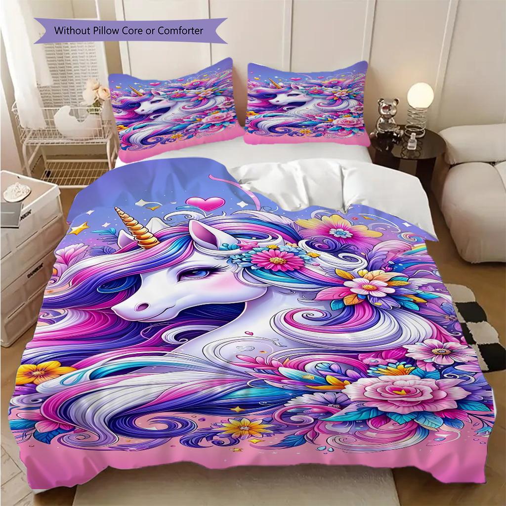 Unicorn Art Portrait Bedding, Duvet Cover, Pillowcase, Home Decoration, Birthday Gift (1 * Duvet Cover+2 * Pillowcase, Coreless)