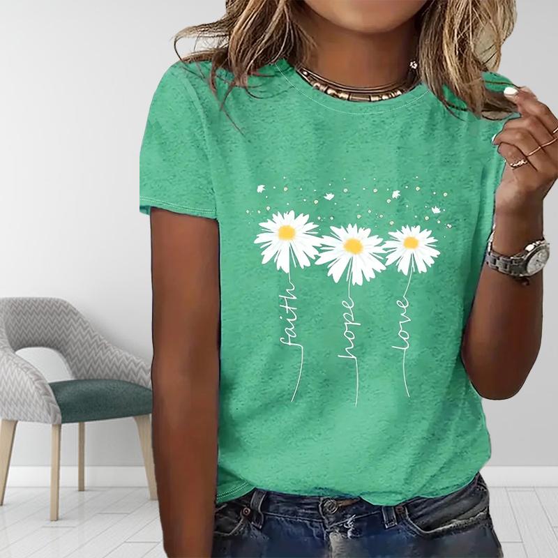 

Женская летняя футболка с принтом милые белые цветы футболки с коротким рукавом повседневные топы с принтом XS зелёный