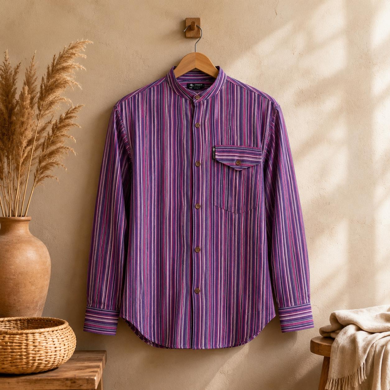 Shamtam Men's Black/Purple Nomad Sari Grandad Shirt - Medium