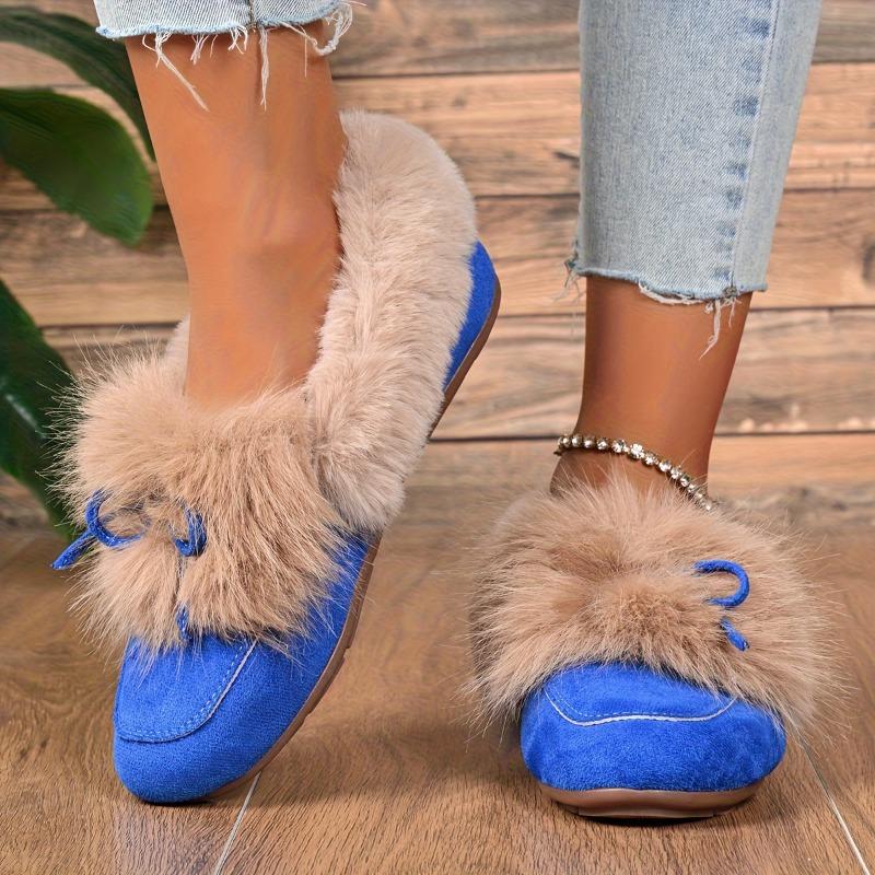 Women's Plush Slip-On Slippers with Bow - Winter Indoor/Outdoor House Shoes, Soft Cushioned TPR Sole & Plush, White/ Beige/ Brown/Dark Grey/Dark Blue