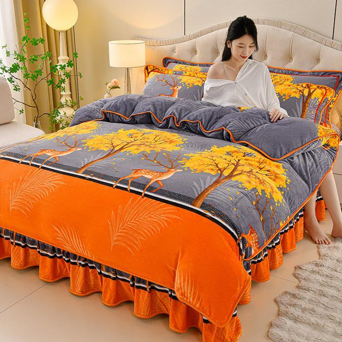 Cozy Flannel 230g Milk Velvet Printed Bed Set with Skirt - New Autumn/Winter Collection, Hot Seller