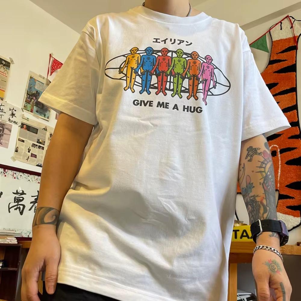 

Give Me A Hug Funny Alien Printing Street Fashion Hip Hop T Shirts Unisex Women White Loose Cotton Y2k Top Women Clothes S