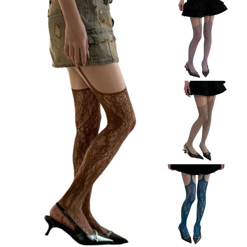 Women Sexy Sheer Fishnet Suspender Tights Garter Belt Pantyhose Hollowed Out Flower Pattern Colored Thigh High Stockings