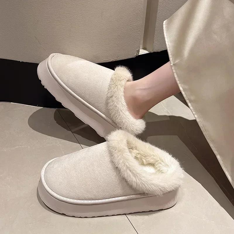 Women's Winter Fashionable Thick Soled Hooded Slippers, Plush Warm Cotton Shoes, Indoor and Outdoor Large-sized Cotton Slippers