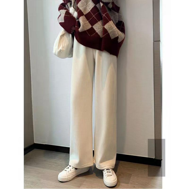 Velvet Thickened Chenille High Waisted Wide Leg Pants for Women, Loose Pocket Straight Leg Pants
