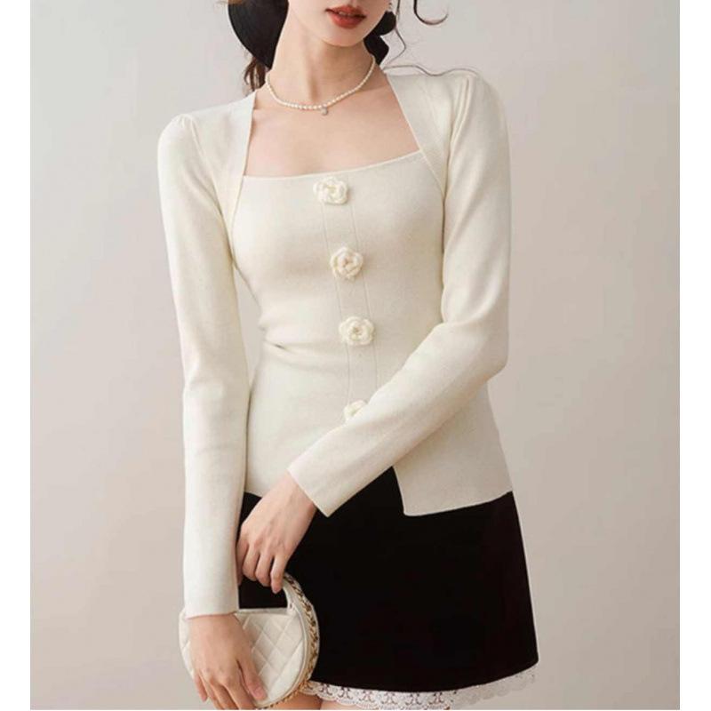 

Женская базовая рубашка с трехмерным цветком, красным квадратным вырезом, для весны и осени, вязаный свитер-топ one size fits all абрикосовый