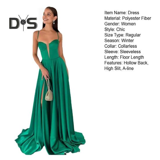 Lady Evening Dress Low-cut Collarless Lace-up Hollow Back Sleeveless Pleated Spaghetti Strap Floor Length Maxi Dress Slim Fit High Slit Solid Color