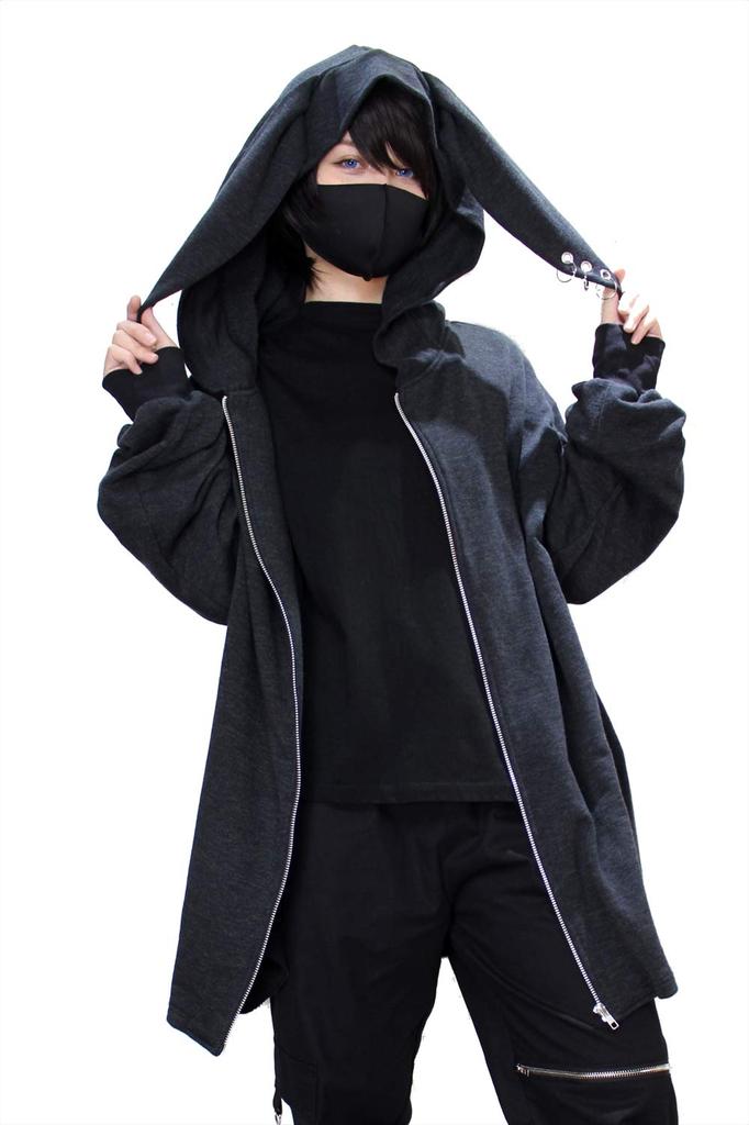 ROSEATE Rabbit Ear Hoodie with Pierced Soft Long Made in and Rabbit Ears, Zip-Up Hoodie, Lightweight, Length, Japan, Men's Women's, (Black)
