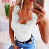 Nowa letnia seksowna bez rękawów, dekolt w szpic, koronkowy panel z koralikami Top T-shirt Kamizelka damska Koszule damskie Tshirt