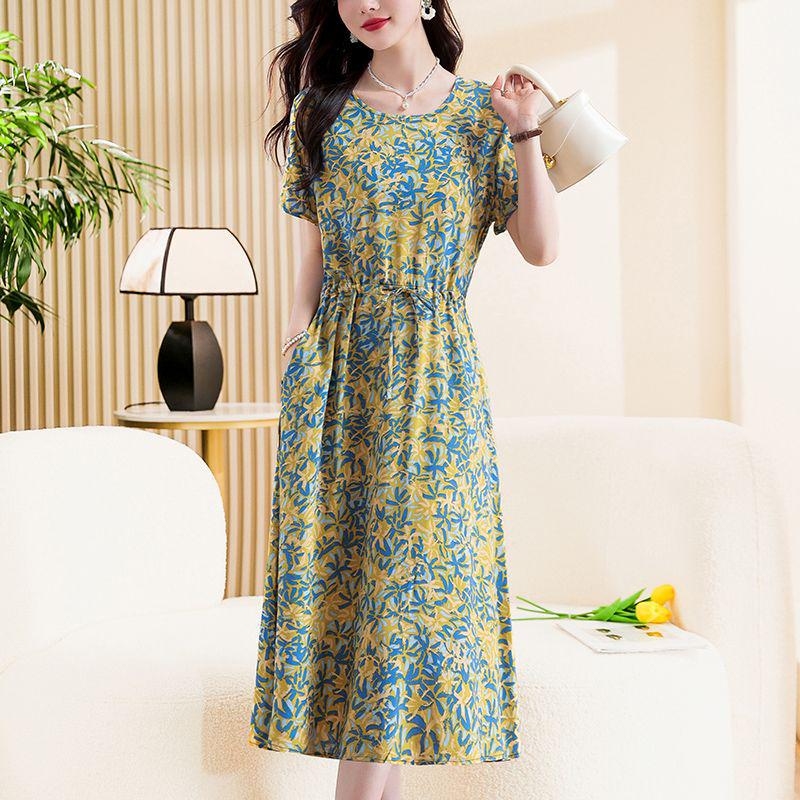 Elegant Plus Size Cotton Silk Knee-Length Dress with Waist Cinch for Middle-Aged Women