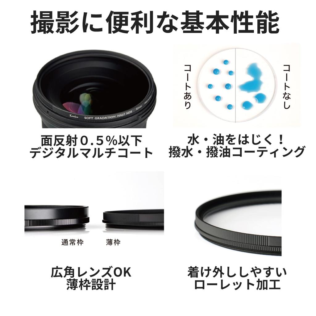 Kenko ND Soft Half for Light Intensity and Rotating Made In 014196 Filter, Gradient, ND8, 82mm, Control, Water- Oil-Repellent Coating, Frame, Japan,