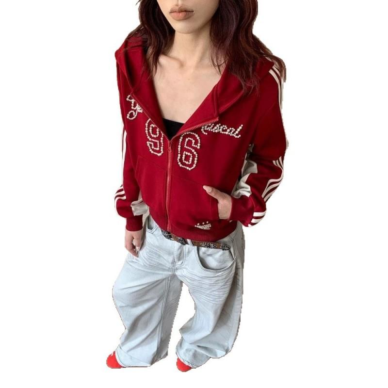 Womens Oversized Hooded Sweatshirt With Striped Pearl Accent Casual Long Sleeve Zip-Up Top