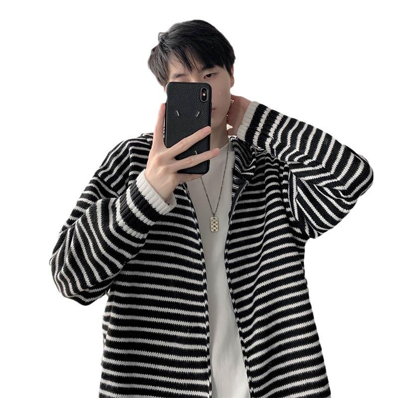 Autumn and Winter Striped Hooded Cardigan Sweater Jacket Men's Casual Trendy Brand Color Matching Versatile Student Trendy Zipper Sweater