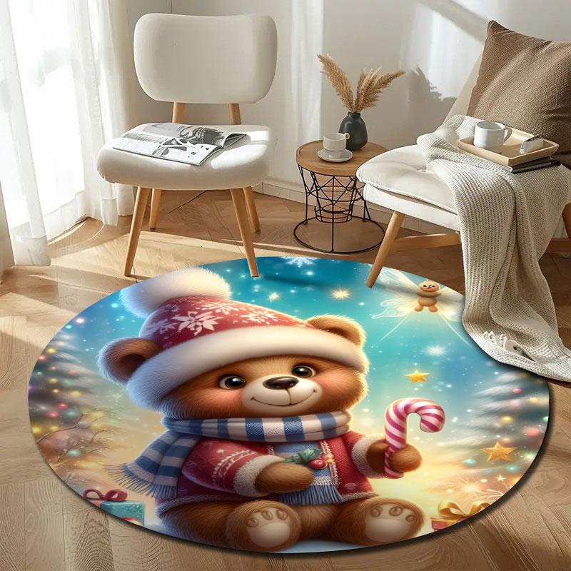 Christmas Teddy Bear Holding a Candy Cane With Gifts Round Rug, Red Green Cozy Style Design, Holiday Warmth, Soft Non-Slip Washable Area Mat