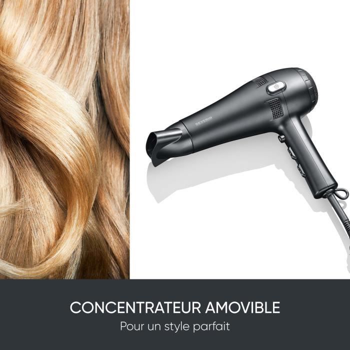Sèche-cheveux avec câble rétractable - severin - ht 0165 - diffuseur & concentrateur - 2100 w - 3 niveaux de température - noir