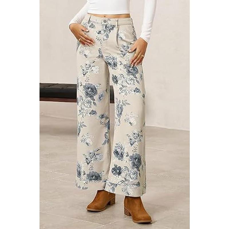 Herbst und Winter Damen lockere Jeans Blumenmuster Denim Neun-Punkt-Hose Weiter Bein Mittlere Taille Jeans