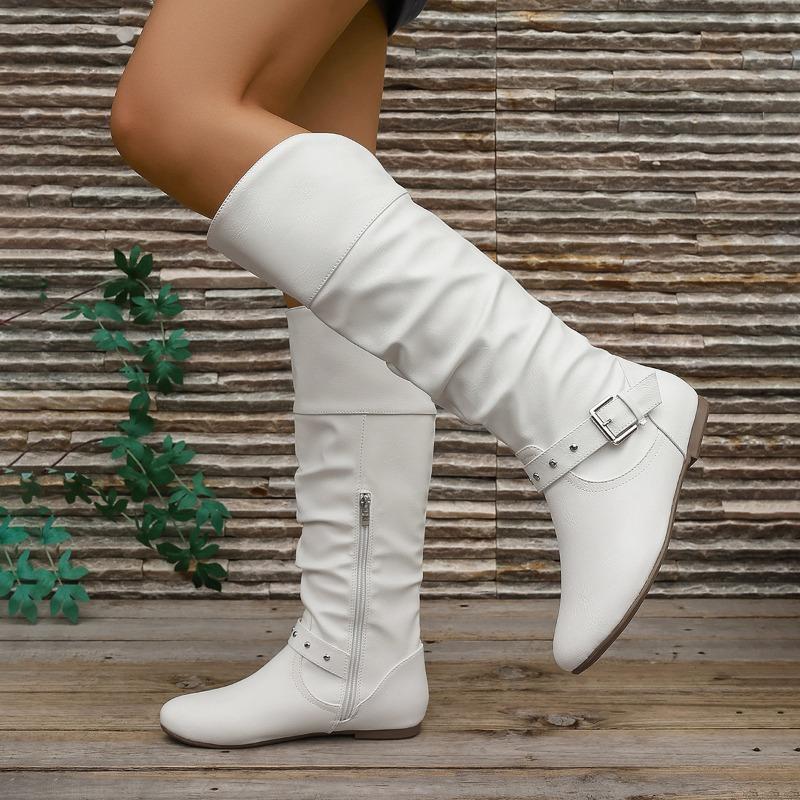 Women's Autumn-Winter Retro Fashion Pull-On Long Boots With Belt Buckle, Round-Toe Style, Available In Large Sizes.