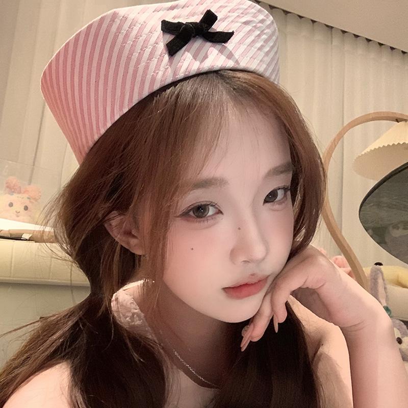 

Женские летние тонкие универсальные береты с бантом, матросская шляпа в полоску, с откидными полями, в студенческом стиле, милые и симпатичные