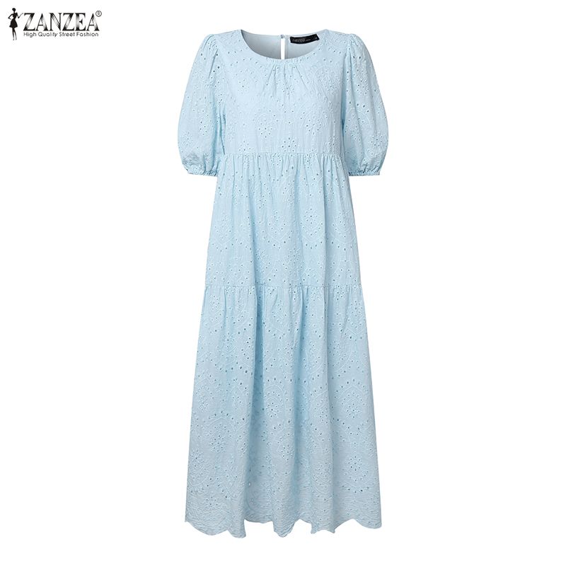 ZANZEA Women Casual Round Neck Lace Crochet Patchwork Summer Half Sleeve Dress