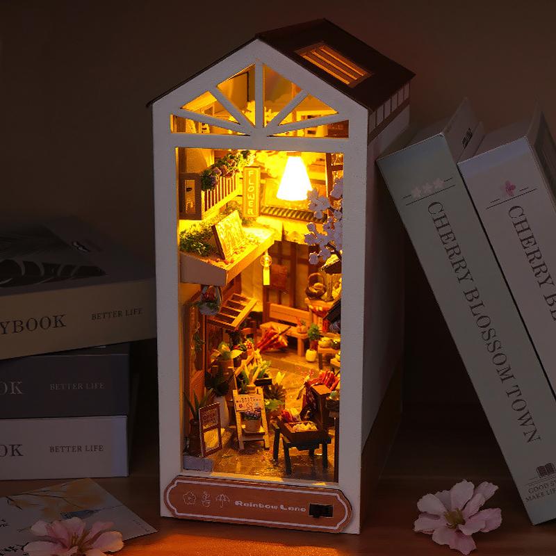 Bücherregal-Set Puppenhaus Holz Beleuchtet DIY Buchnische Bausatz 3D Puzzle Zusammenbau Gebäudemodell Buchstützen Geburtstagsgeschenke für Erwachsene