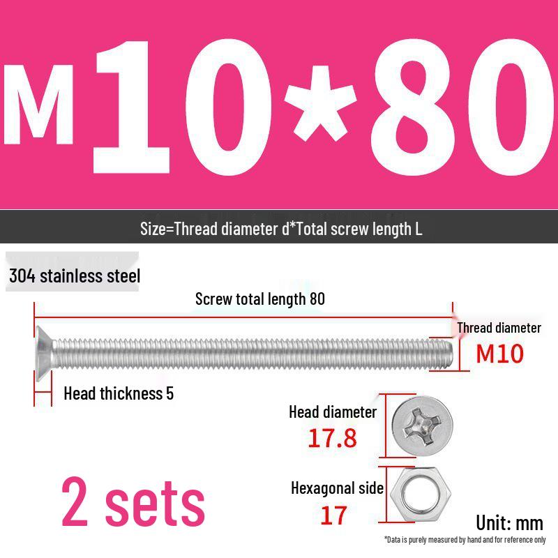 304 Stainless Steel Extra Long Phillips Flat Head Screws and Nuts Set (2M, 3M, 4M)