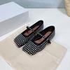 Niche French Hollowed-out Diagonal Head Love Crystal Ballet Flats Women's Leather Breathable Buckle Mary Jane Shoes