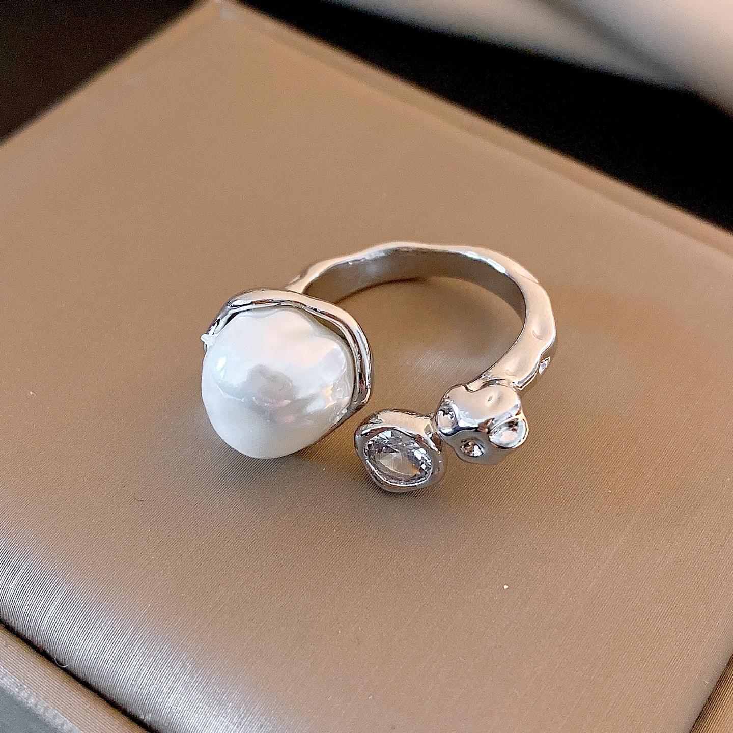 European and American zircon geometric pearl open ring index finger ring personalized exquisite jewelry