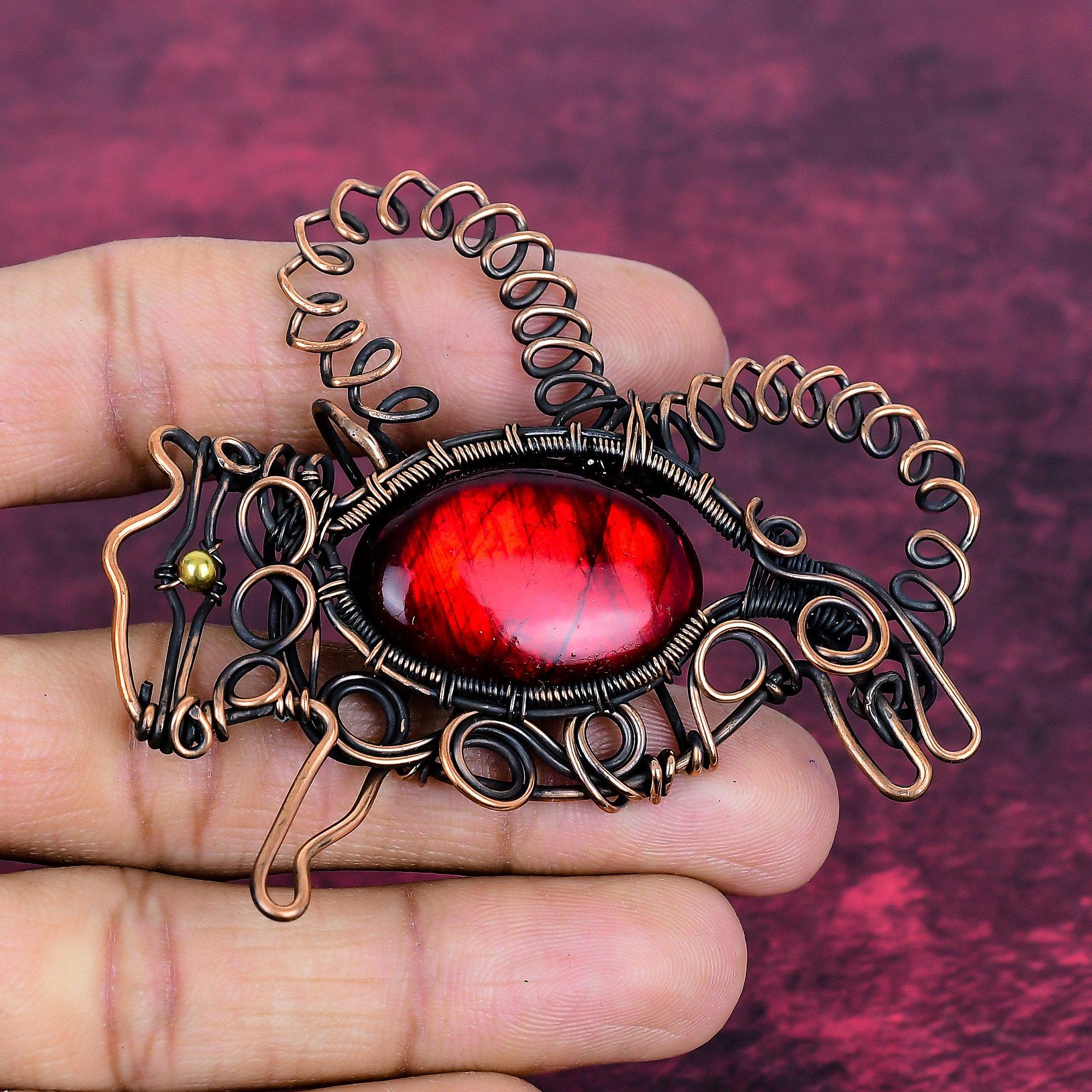 Red Fire Labradorite Gemstone Pendant Handmade Copper Wire Wrapped Rabbit Jewelry