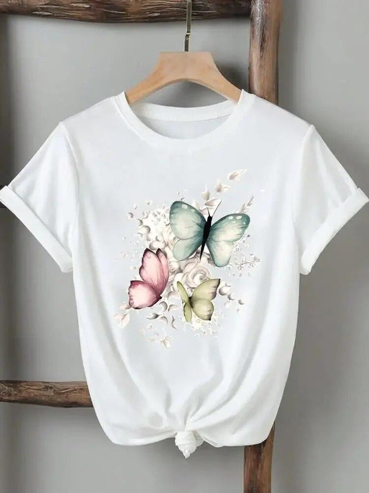 Women Lady Tshirts Printed Fashion Casual Tee Flower Wing Butterfly 90s Short Sleeve Graphic T Top Clothing Printing T-Shirt Unisex
