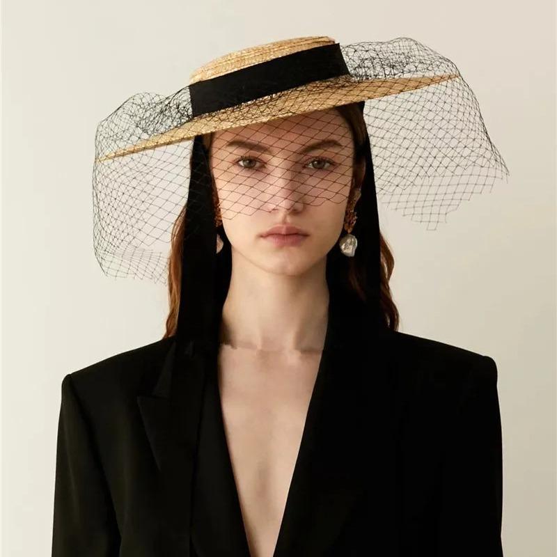 Summner Wheat Straw Handmade Woven Sun Hats for Women Long Ribbon Mesh Fashion Holiday Panama Lady Sun Cap Vacation Leisure Hat