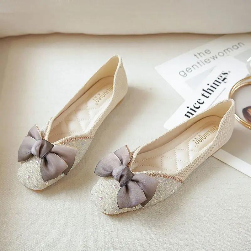 Rhinestone With Bow Crystals Non Slip Woman Flats Diamond Shoes for Women Comfortable and Elegant Summer a Spring Popular