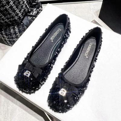 Damen Ballerinas Flache Schuhe Flacher Mund Glitzernde Pailletten Schleife Ballerinas Temperament Einzelner Schuh Damen Ballerinas Damenschuhe Mode