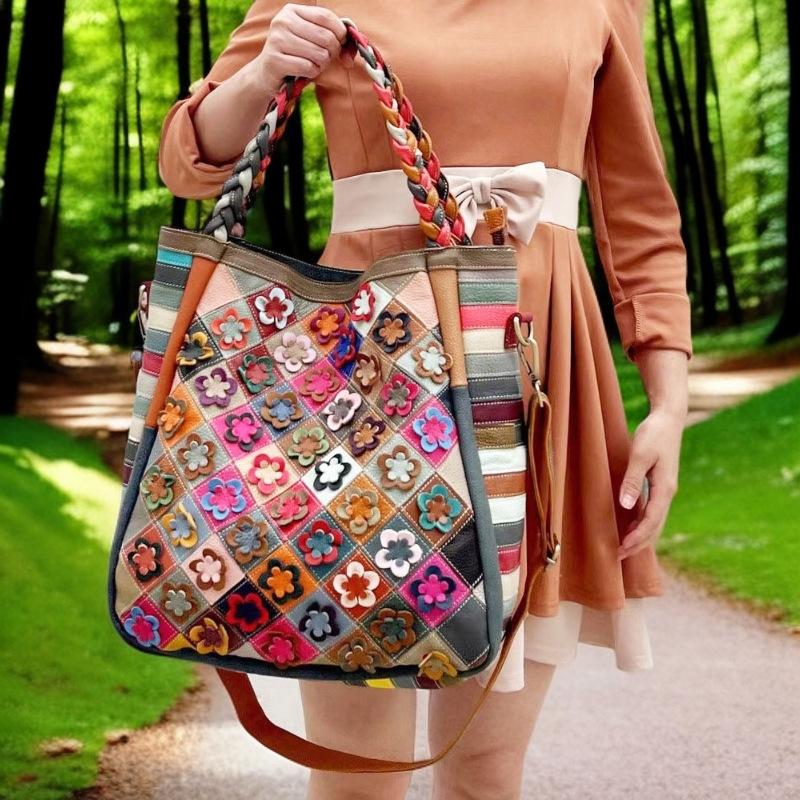Wind Lady Ledertasche Handgenähte Blume Rautenmuster Umhängetasche Umhängetasche Große Kapazität Lässige Tragetasche
