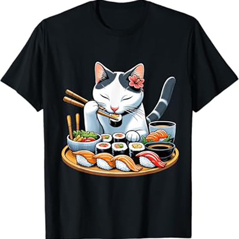 Cat with Sushi T Shirt Sushi Lover Tee S разноцветный