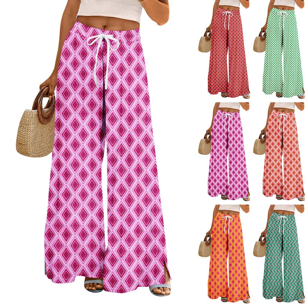Dámské letní kalhoty Boho Palazzo s vysokým pasem a širokými nohavicemi s květinovým potiskem ležérní kalhoty s kapsami