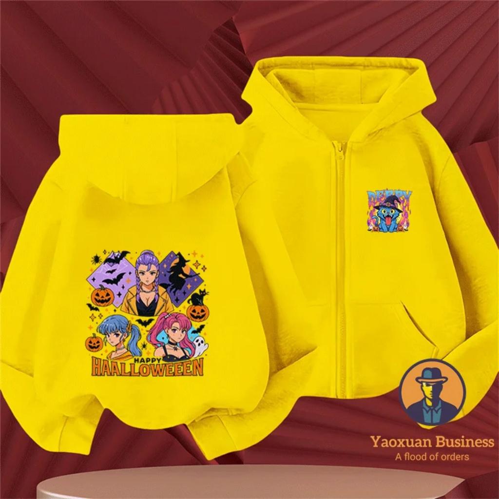 Halloween Style KPop Devil Hunter Girl Children's Zipper Hoodie Cute Cartoon Print Warm Windproof Autumn and Winter Fashion Clothing