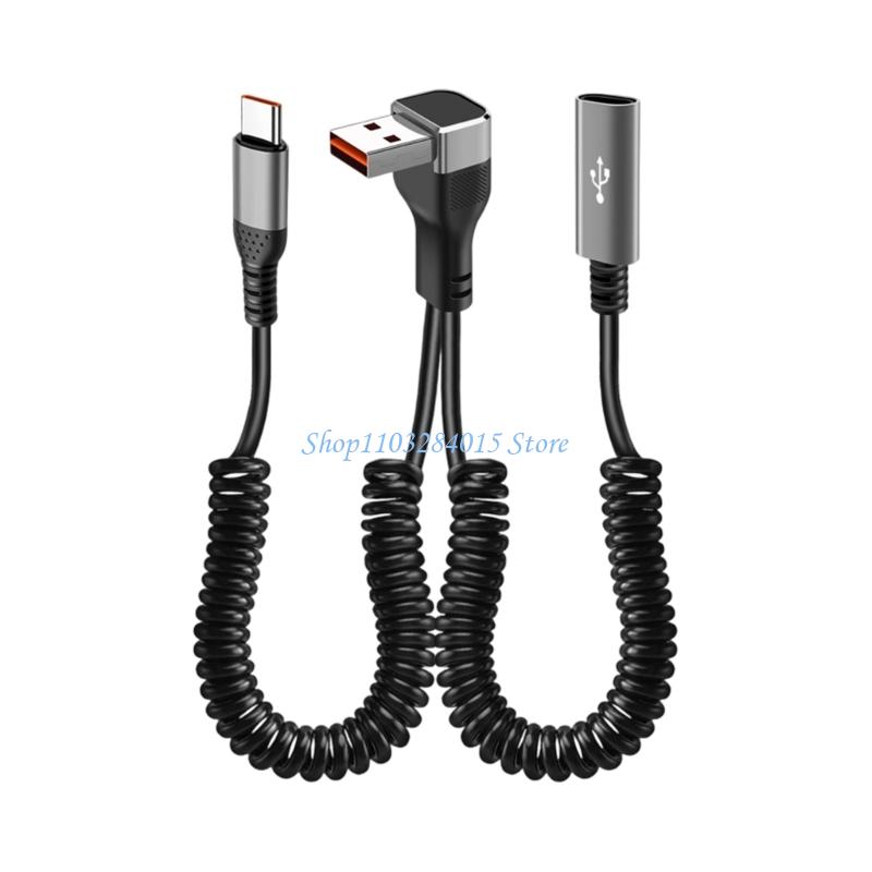 R6FF 66W Fast Charging 90 Degree Angled USB Spring Coiled Data Cable for Car Computer