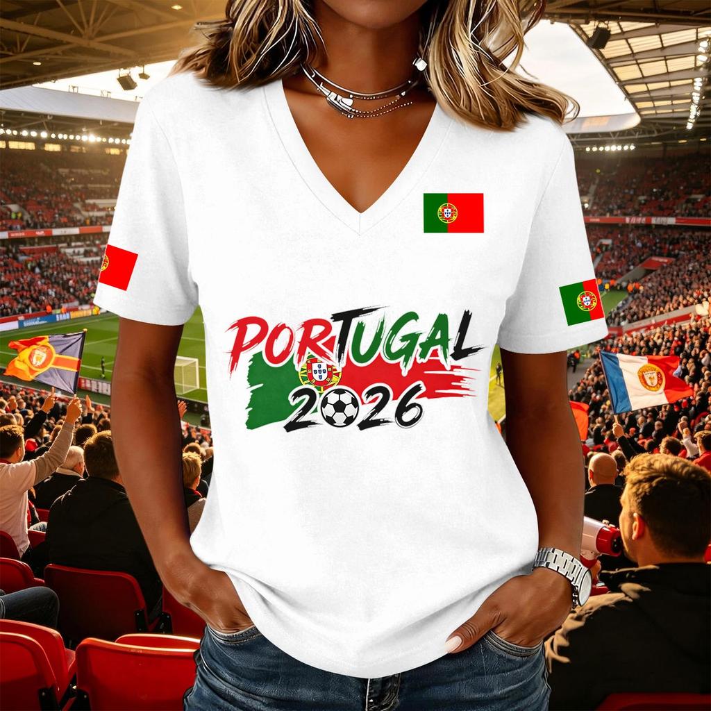 Women's Casual V Neck Short Sleeve Pullover Top with Soccer Flag Print Portugal 2026 Support Shirt for Fans and Sports Events