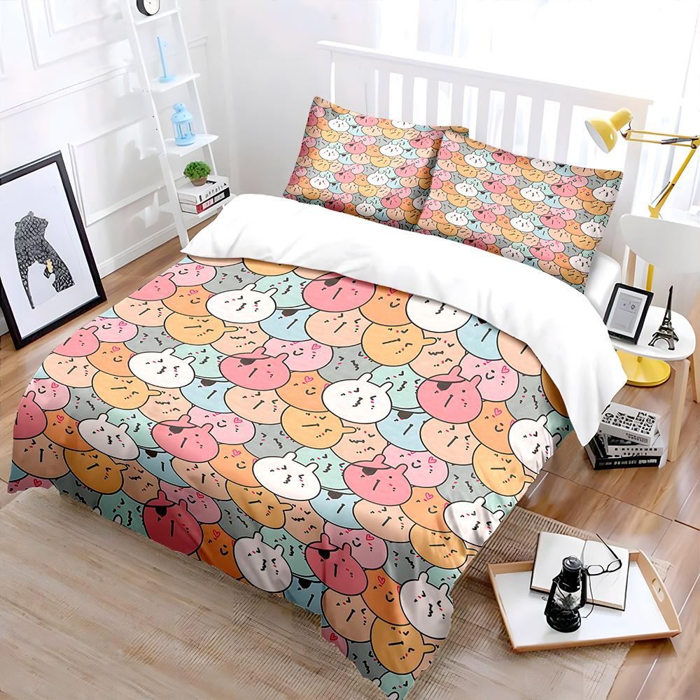 Cute Cartoon Animal Face Background Bedding Set For Kids Luxury Gift 3Pc Digital Print Comforter Set Soft Comfortable Breathable