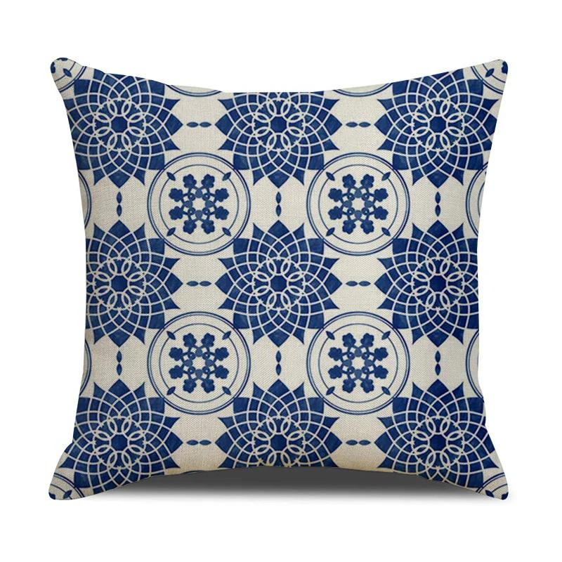 Chinese retro style blue and white ceramic printed fabric linen cotton throw pillow wrapped sofa home decoration pillow