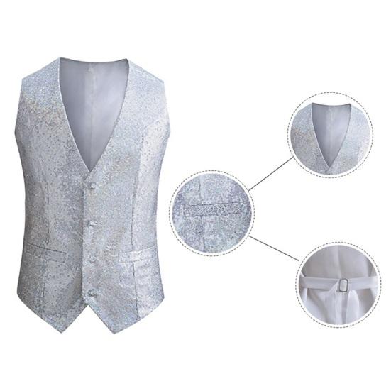 Men Vest Shiny Sequin Sleeveless Slim Fit Cardiagn Single-breasted V Neck Adjustable Back Buckle Stage Show Emcee Performance Men Waistcoat