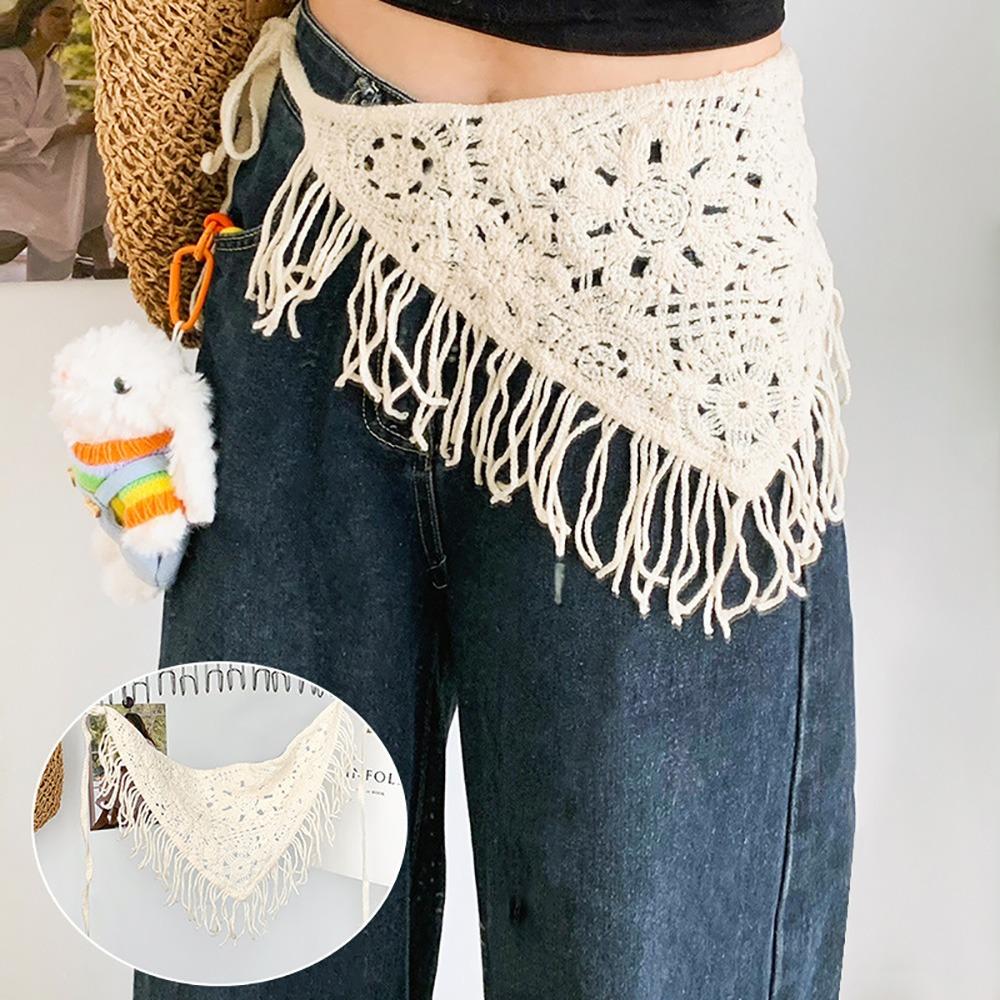 Bohemian Knitted Butt Flap Hollowing Out Tassel Hip Apron Triangular Scarf Tie Straps  Women Girls