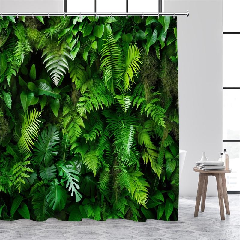 Green Leaves Shower Curtains Tropical Leaf Garden Vine Plant Wall Hanging Fabric Home Bathroom Decor Bath Curtain Set with Hooks